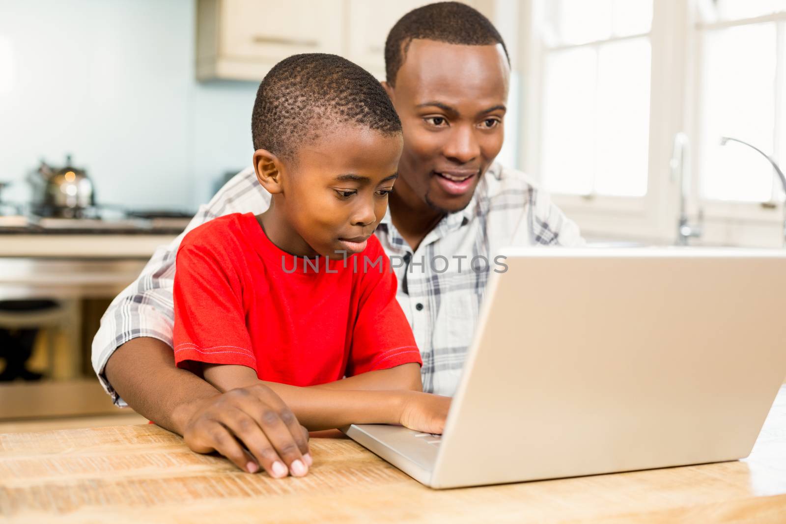 Father and son using laptop together by Wavebreakmedia