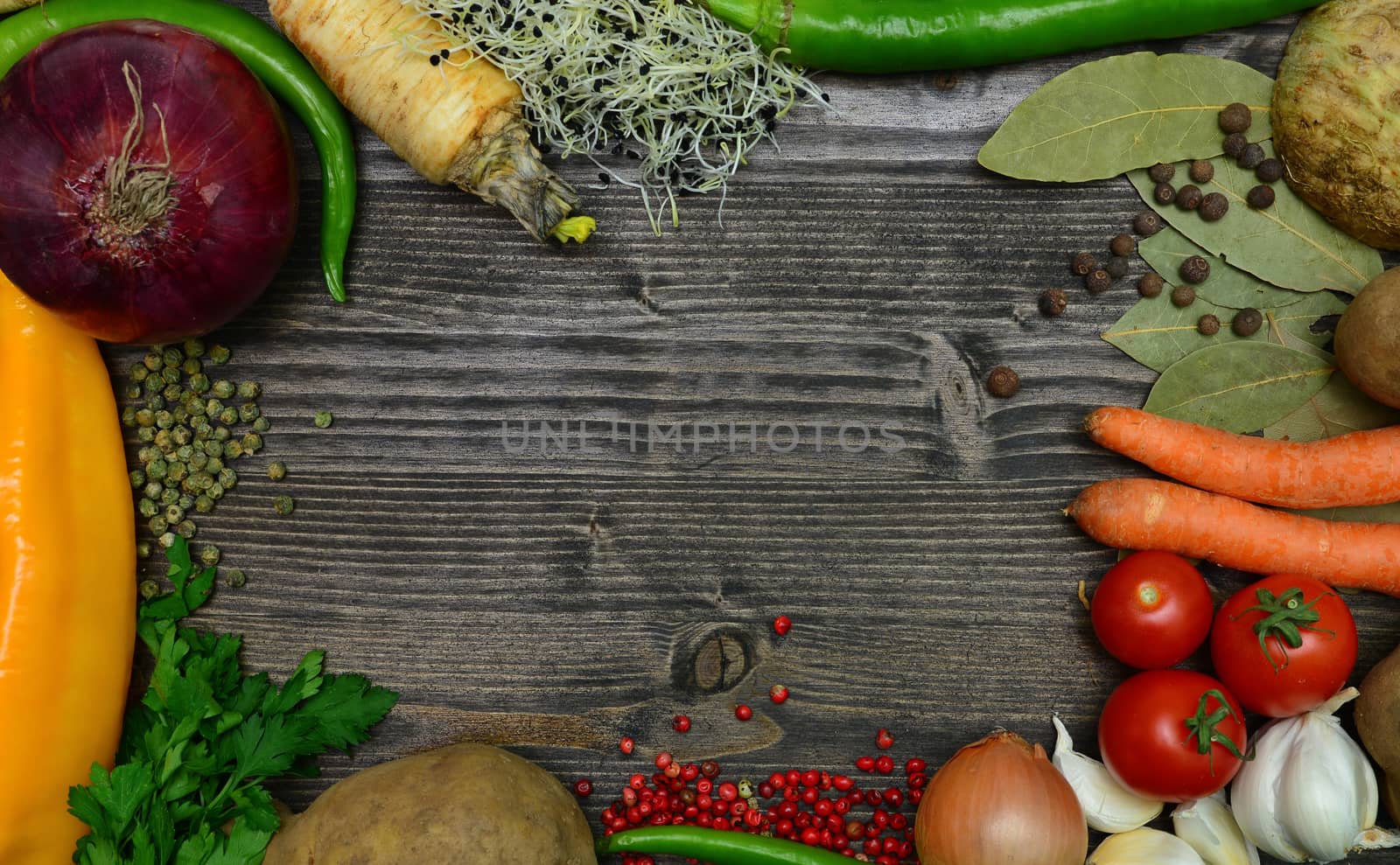 Fresh vegetables frame on dark old wood background