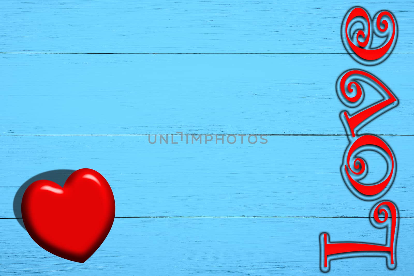 Red heart and inscription on blue boards, on Valentine's Day