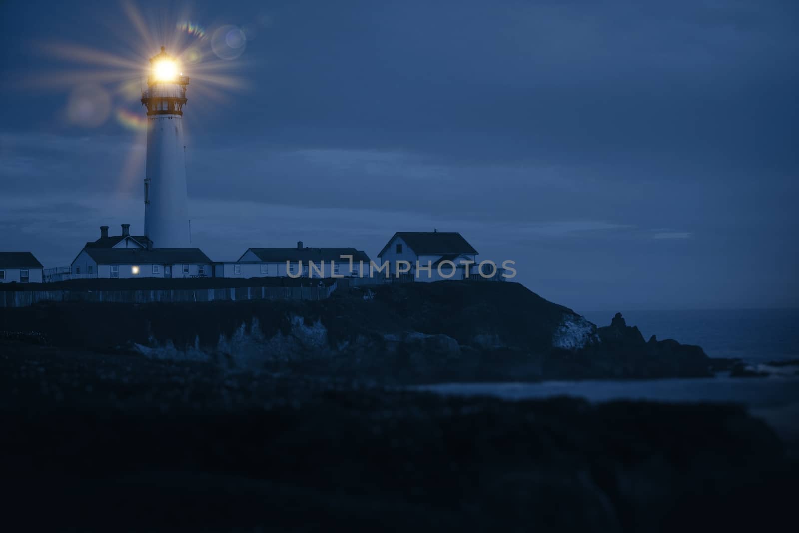 Pigeon Point Lighthouse, CA, USA. Pacific Ocean Cost Lighthouse in California Sending Light Signals.