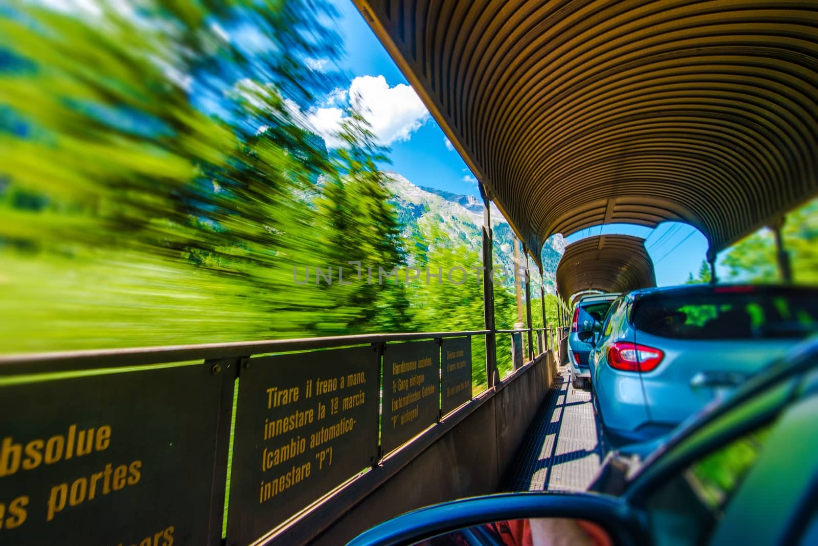 Motorail Trip in Switzerland. Railroad Cars Transport.