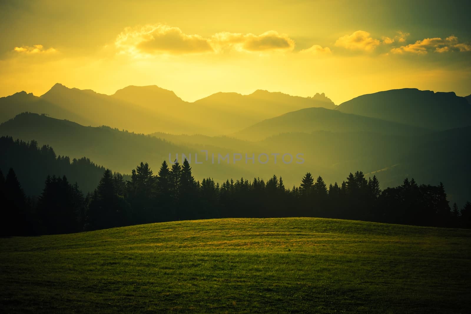 Scenic Mountain Landscape at Sunset. French Alps Megeve, France Area.
