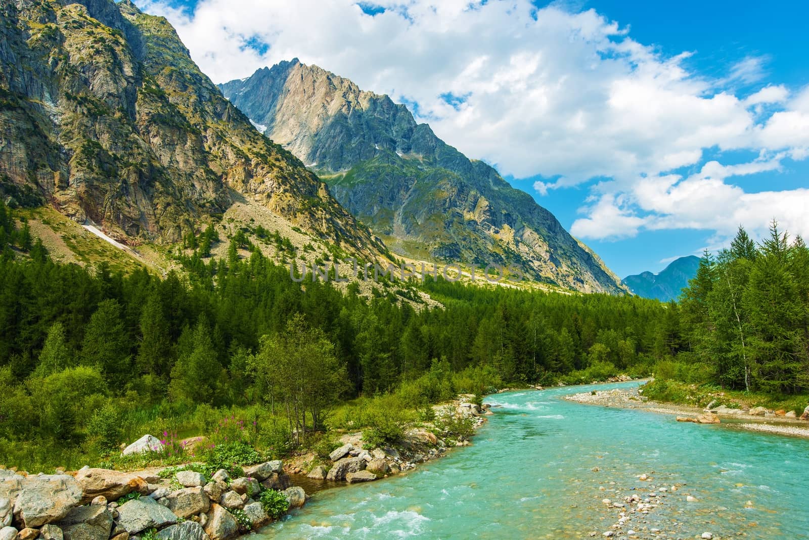 Italian Alps Doire Baltee River Scenery. Northern Italy, Europe. Alpine Landscape with Mountain River.