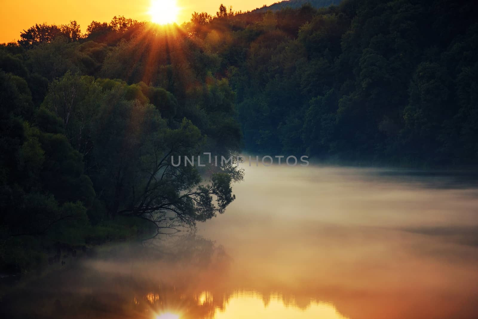 Scenic River Sunset. Foggy San River Scenery. Solina, Poland, Europe.