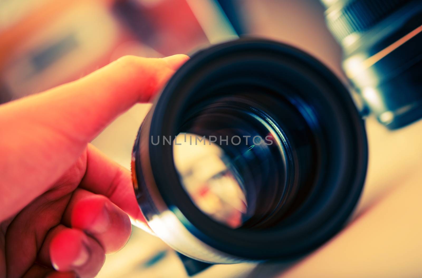 Servicing Photography Lens. Telephoto Lens Check. Digital Photography Theme.