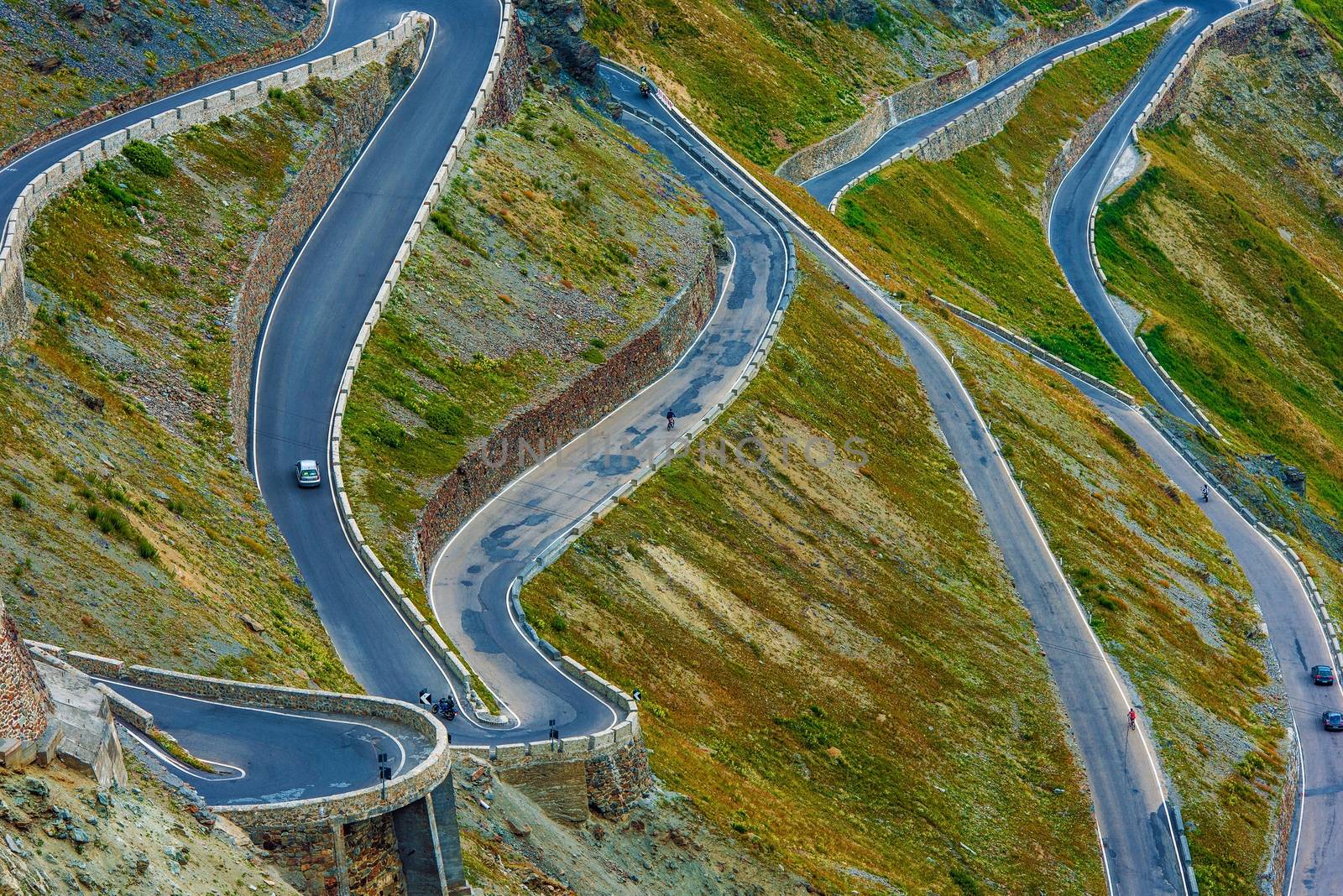 The Stelvio Pass Extreme Road. Northern Italy. Elevation of 2,757 m (9,045 ft) Passo dello Stelvio.