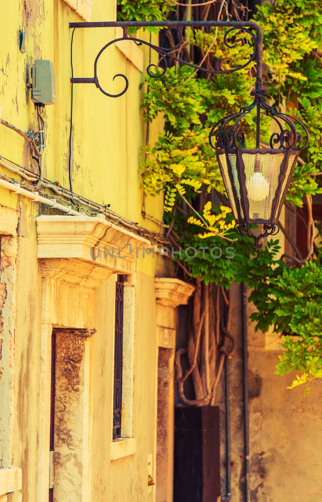 Venetian Street with Decorative Vintage Lantern. Venice, Italy, Europe. Venetian Architecture.