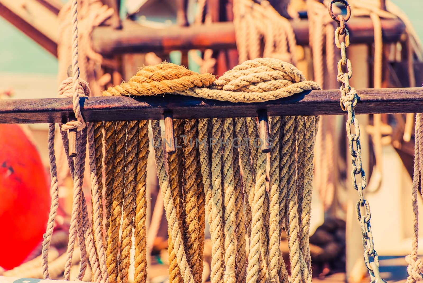 Yacht Mooring Rope. Vintage Boat Ropes Closeup. Marine Theme.