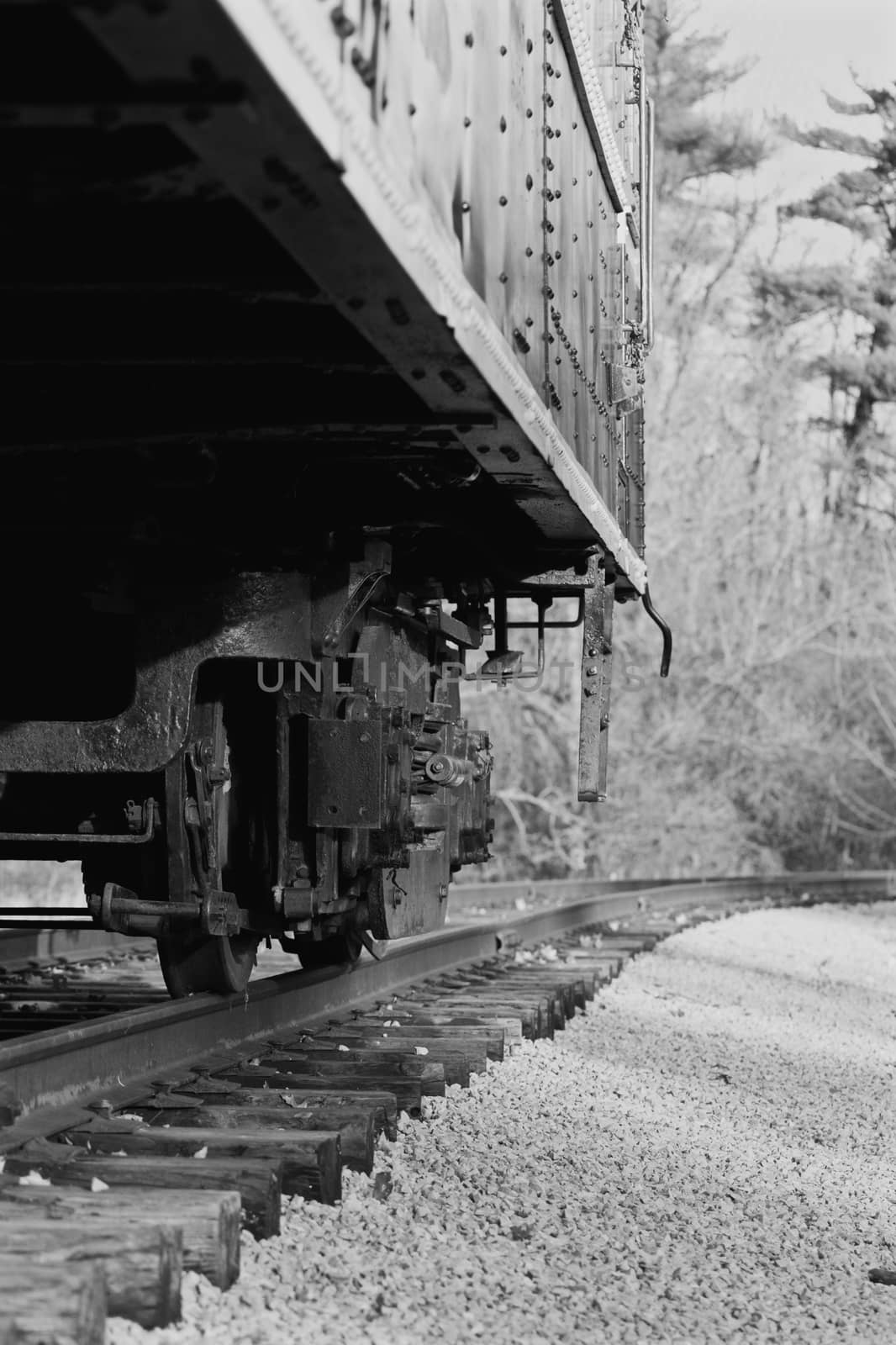 Black and white image with the moving train