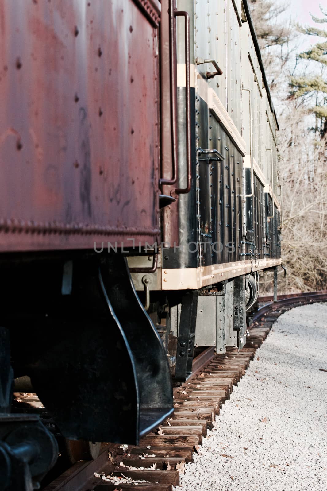 Beautiful photo of the old train and the railroad through the forest