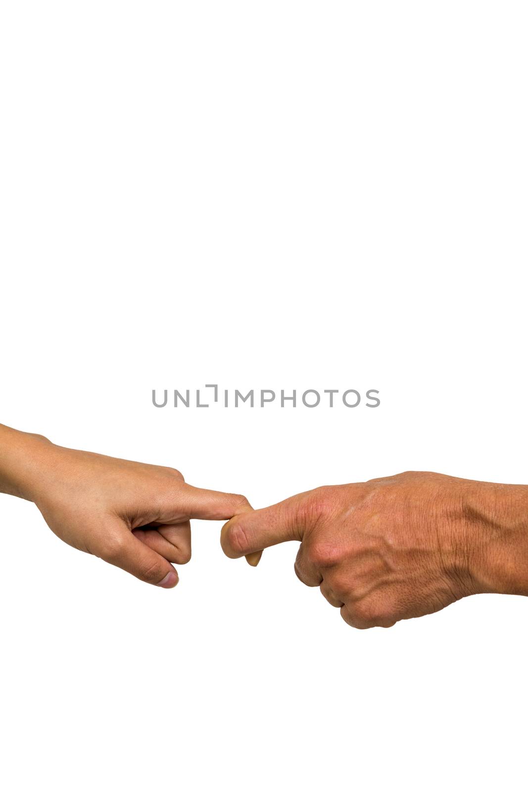 Cropped hands of people holding fingers against white background