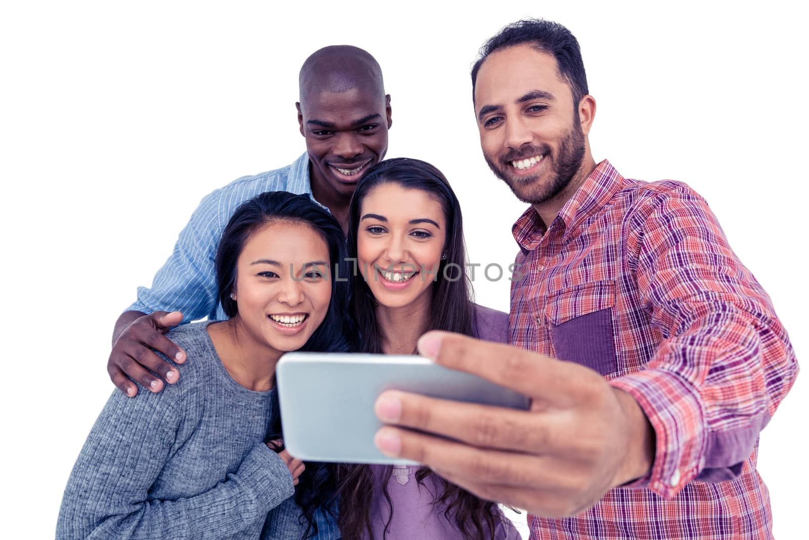 Smiling multi-ethnic friends taking selfie while standing against white background