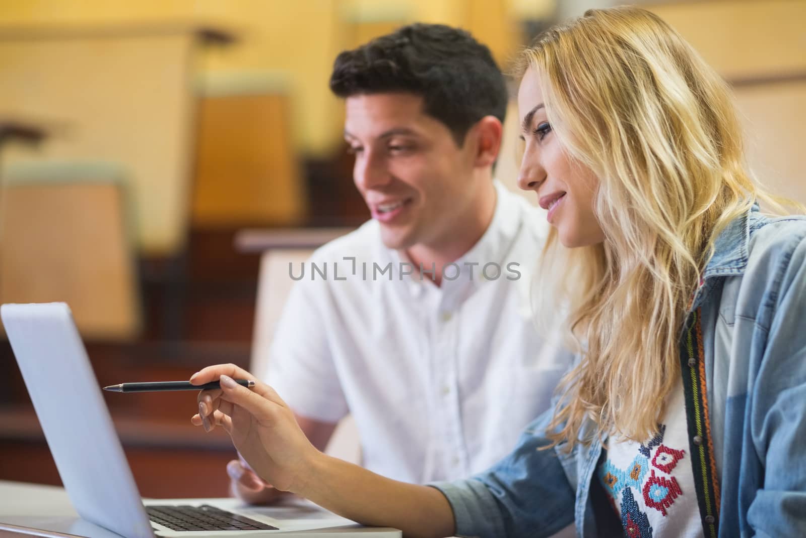 Smiling college students using laptop at the amphitheater