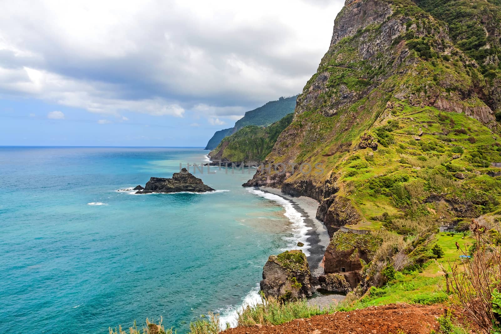 View of coast and ocean in the north near Boaventura, Madeira island, Portugal