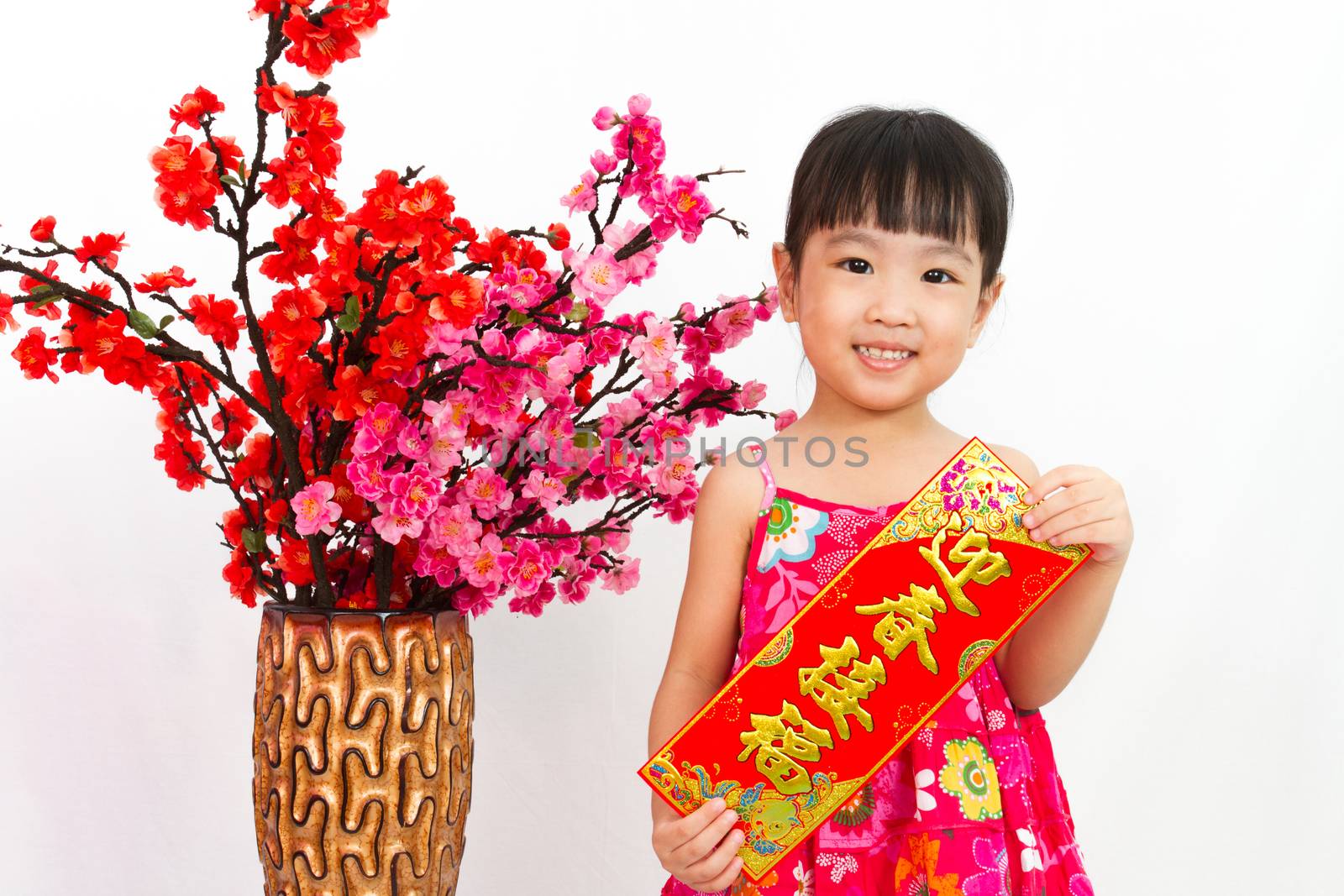 Chinese little girl pising holding  Spring festival couplets greeting for Chinese New Year in isolated white background.