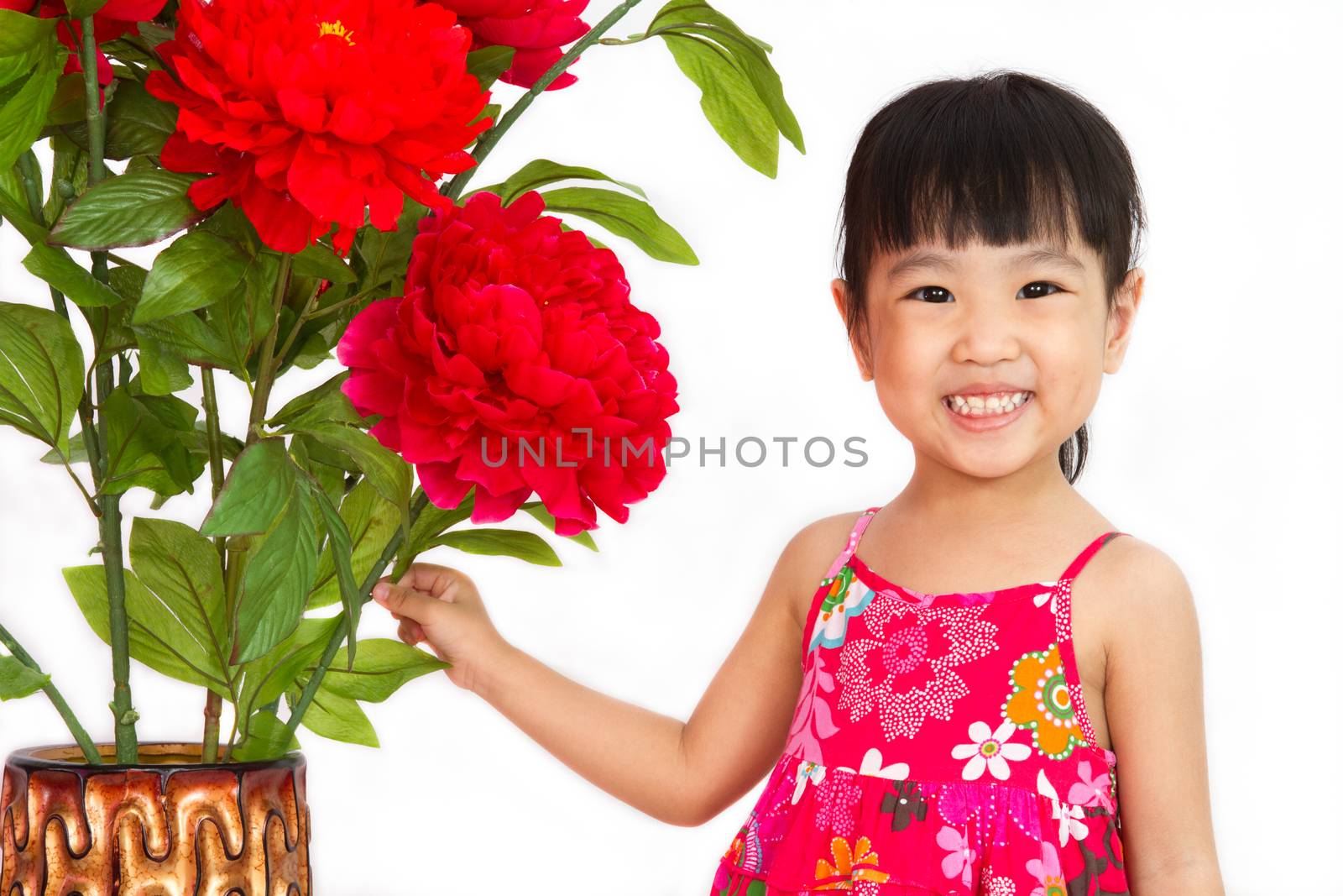 Chinese little girl wearing in Red posing with flowers by kiankhoon