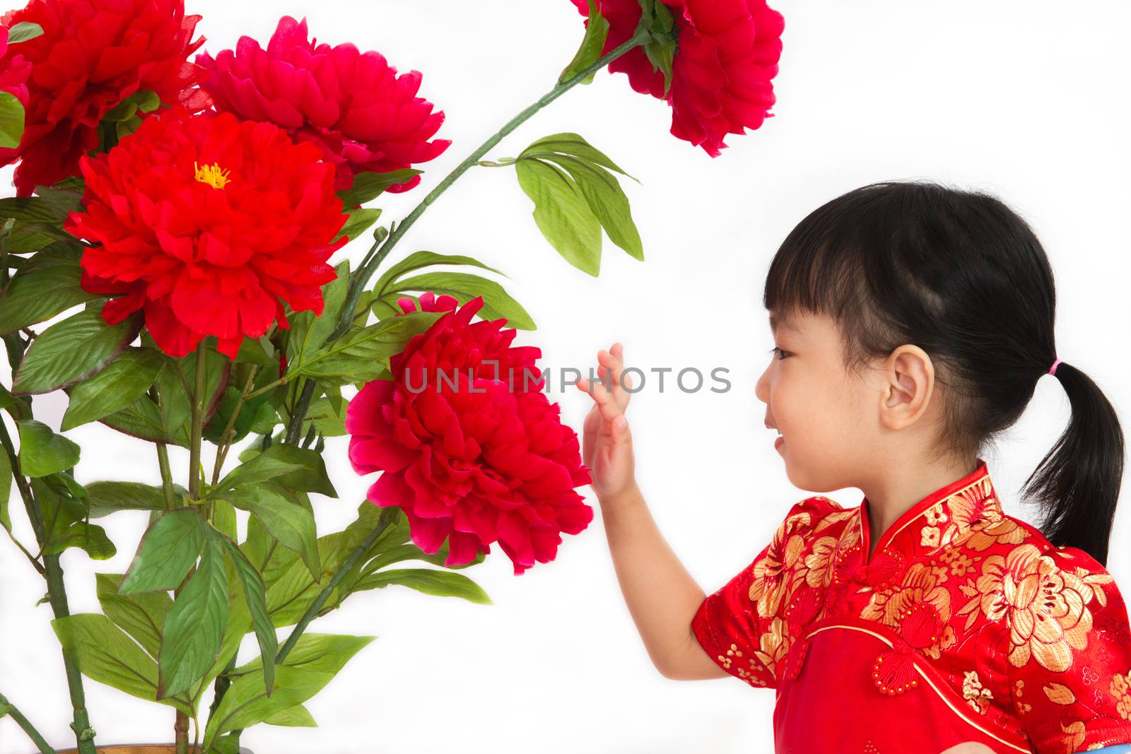 Chinese little girl wearing in Red posing with flowers by kiankhoon