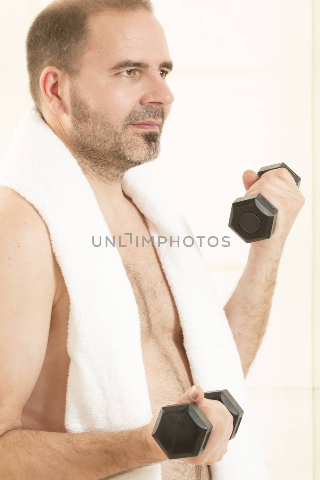 fitness gym mature beard man with weight, isolated white background