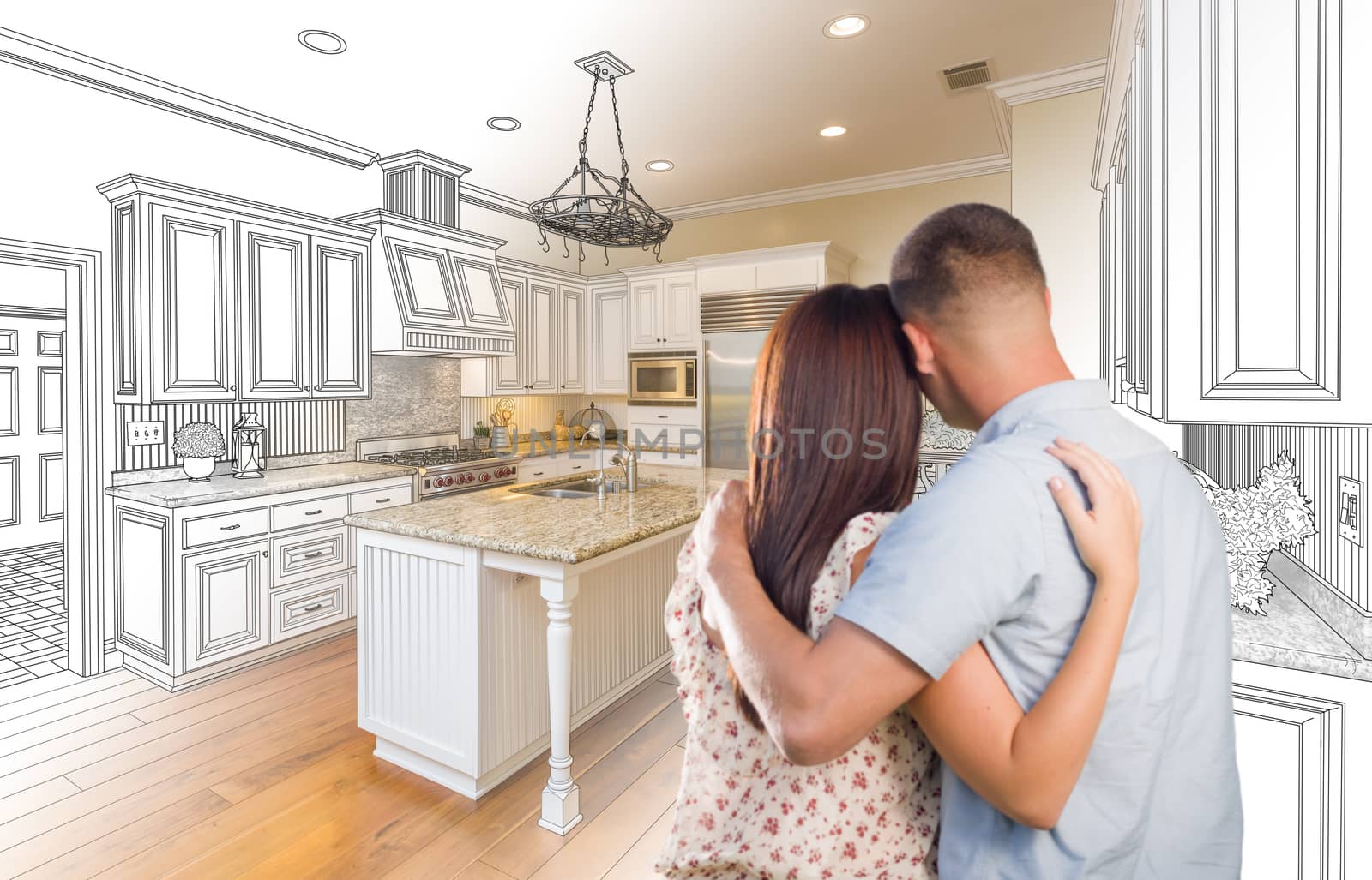 Young Military Couple Inside Custom Kitchen and Design Drawing C by Feverpitched