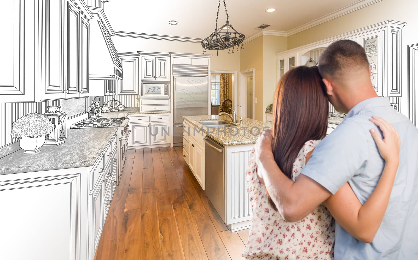 Young Military Couple Looking Inside Custom Kitchen and Design Drawing Combination.