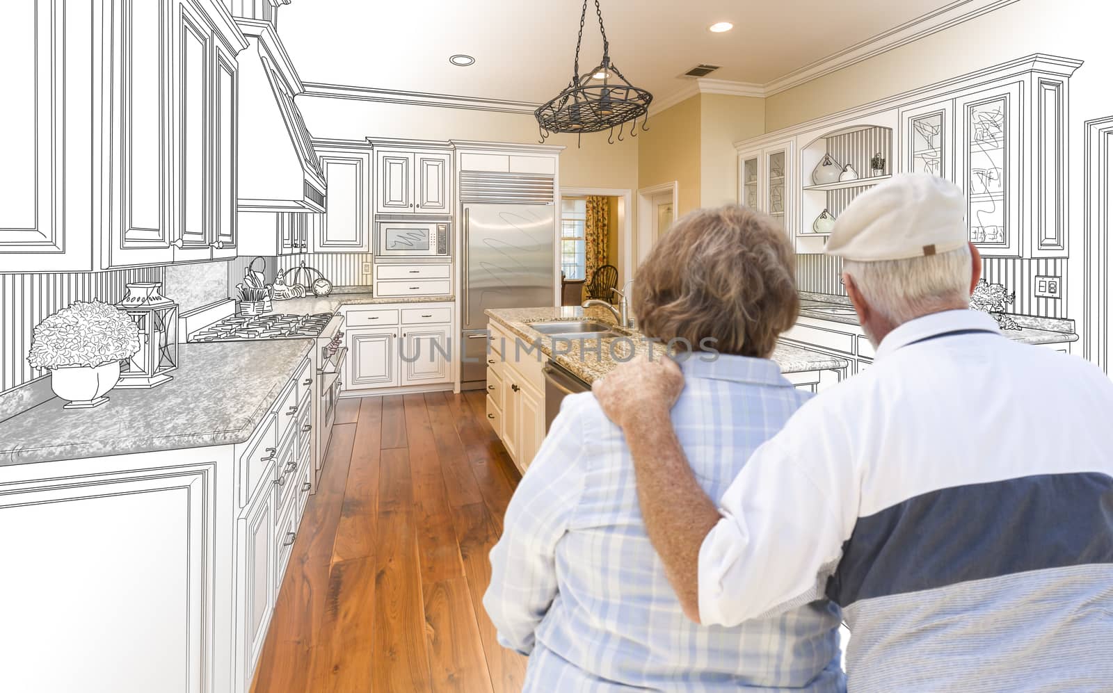 Senior Couple Looking Over Custom Kitchen Design Drawing and Pho by Feverpitched