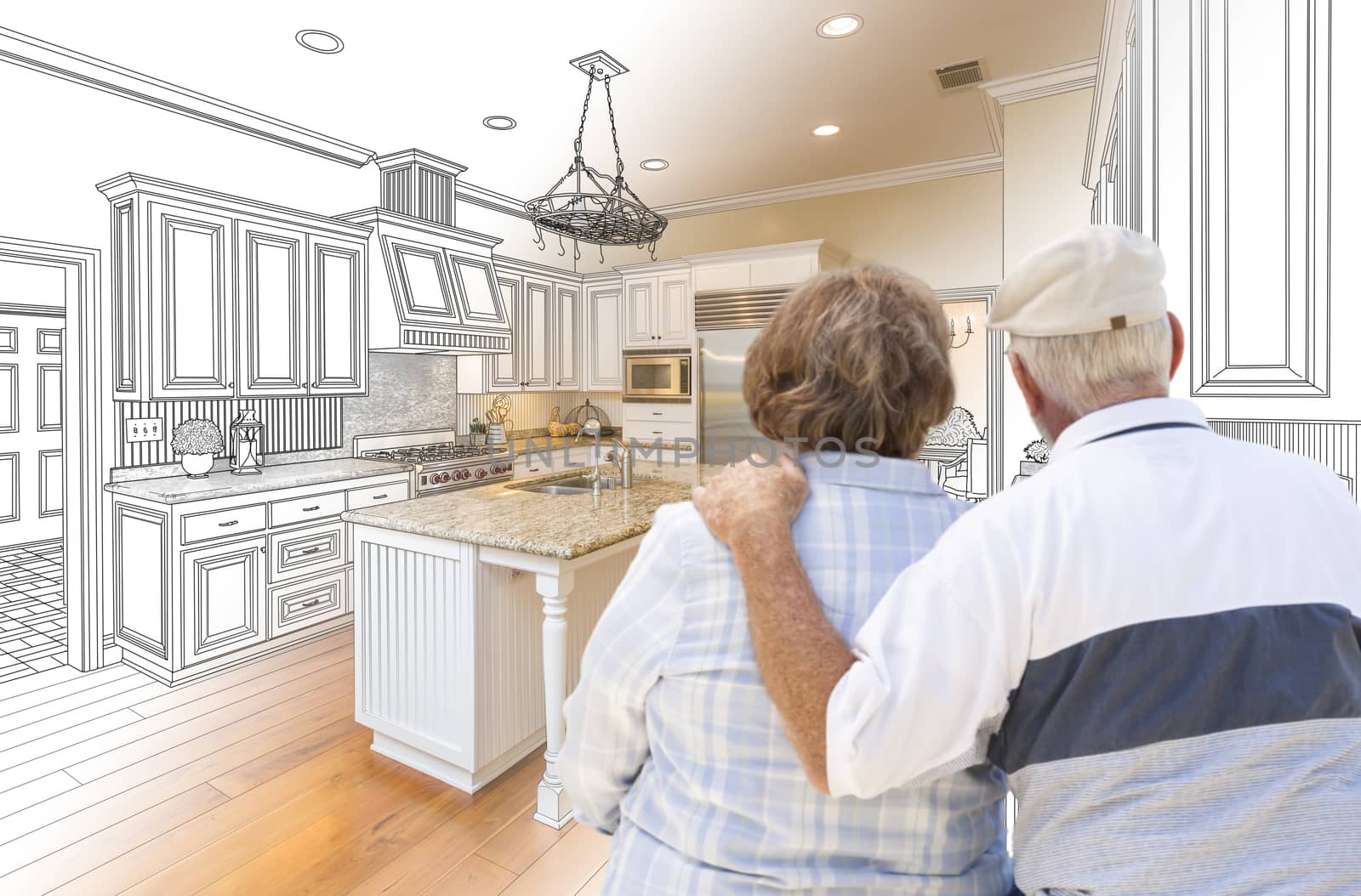 Senior Couple Looking Over Custom Kitchen Design Drawing and Pho by Feverpitched