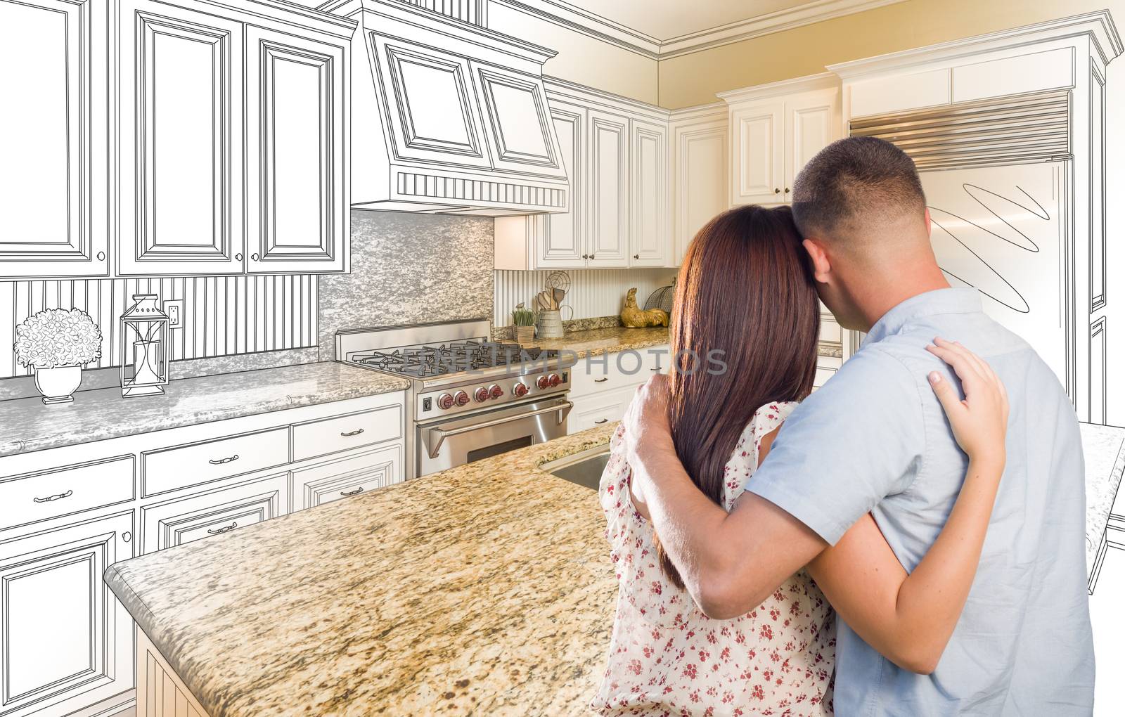 Young Military Couple Looking Inside Custom Kitchen and Design Drawing Combination.