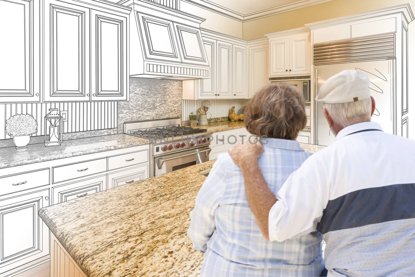 Senior Couple Looking Over Custom Kitchen Design Drawing and Pho by Feverpitched