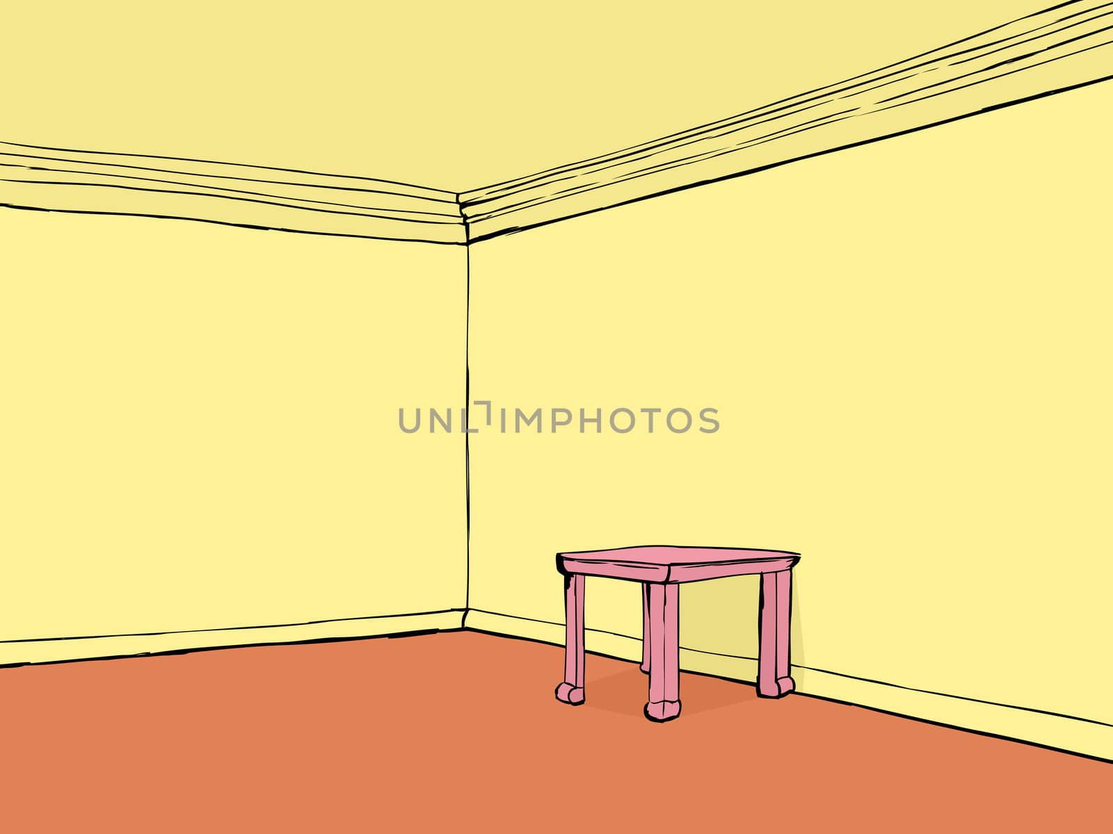 Empty room with yellow walls and pink table