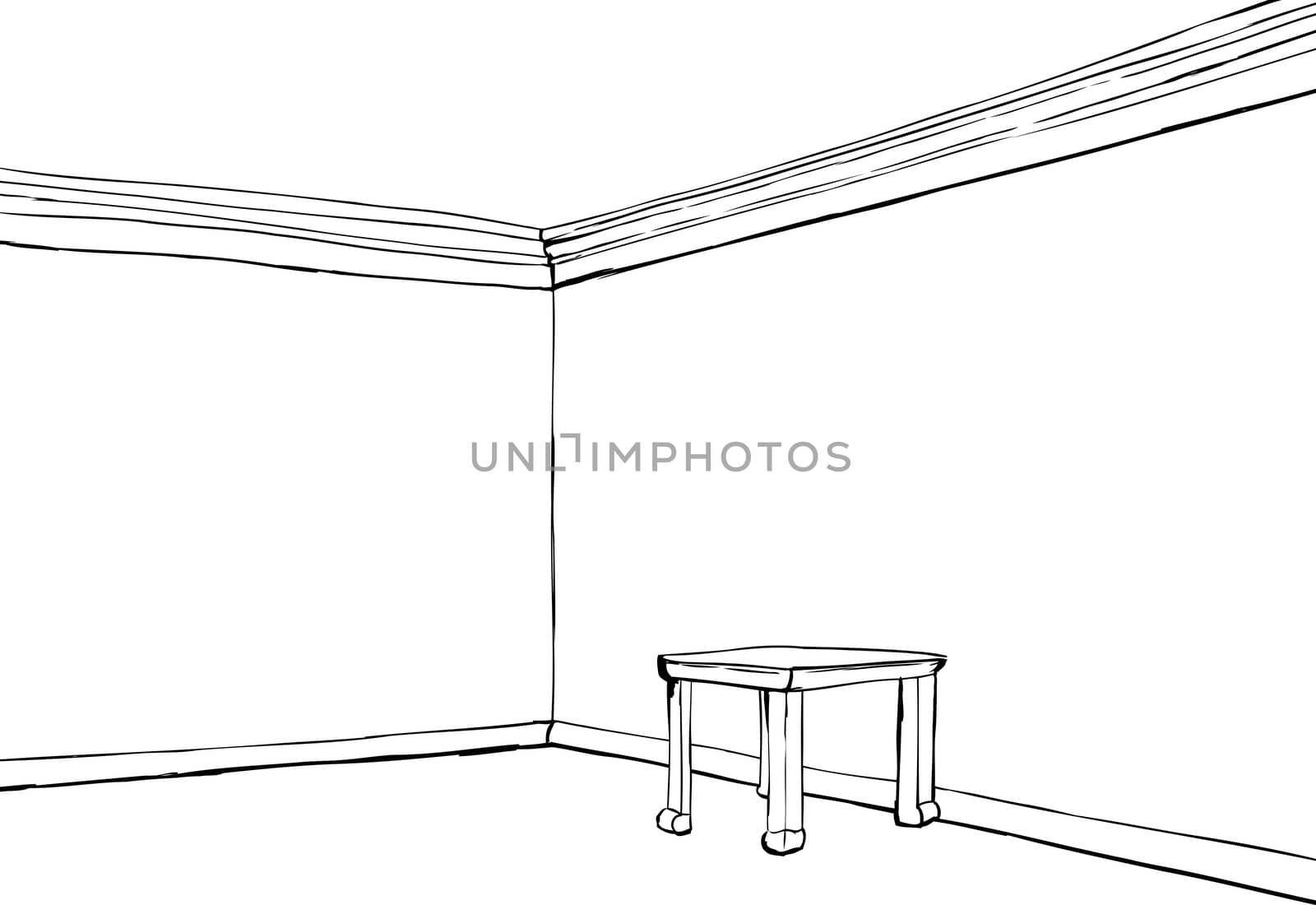 Empty room with white walls and little table