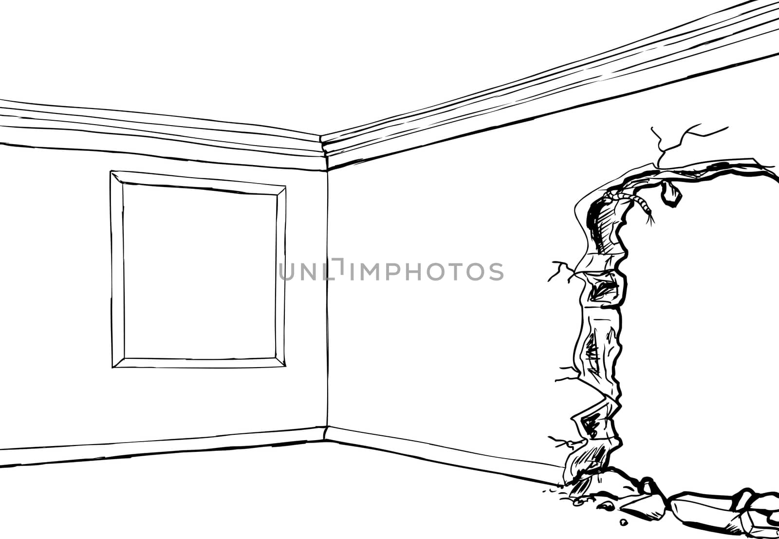 Outline drawing of room with empty picture frame and partially destroyed wall