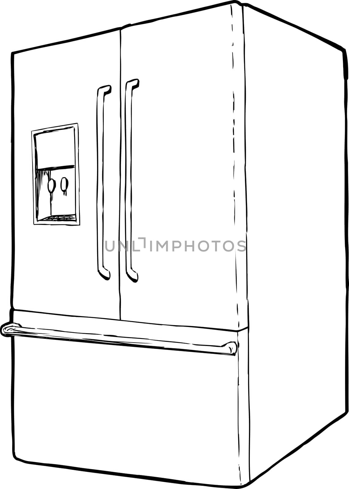 Outlined refrigerator with double doors, water dispenser and freezer drawer