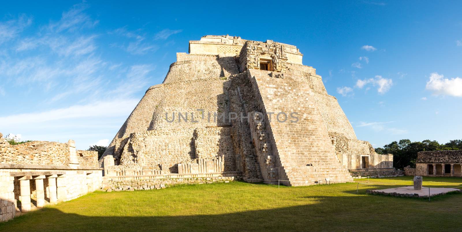 Panoramic view of prehistoric Mayan pyramid in Uxmal, Mexico