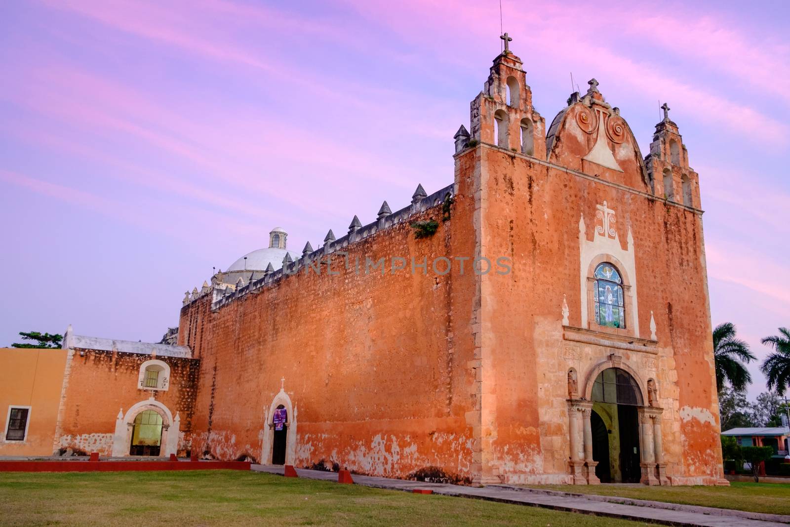 Scenic view of typical Mexican church at sunset, Ticul, Mexico