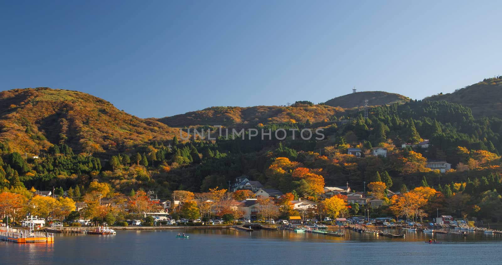 lake ashinoko hakone, japan november 20, 2015: lake ashinoko in full autumn glory golden landscape scenic