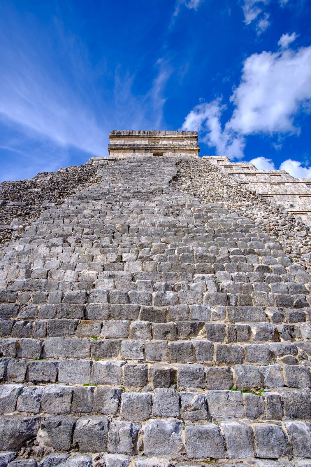Detail vertical view of Mayan pyramid El Castillo in Chichen Itza ruins, Mexico