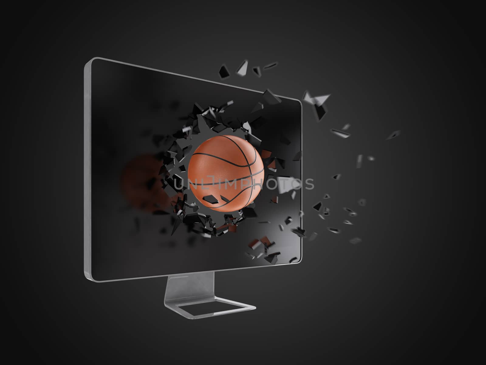 basketball destroy computer screen, technology background