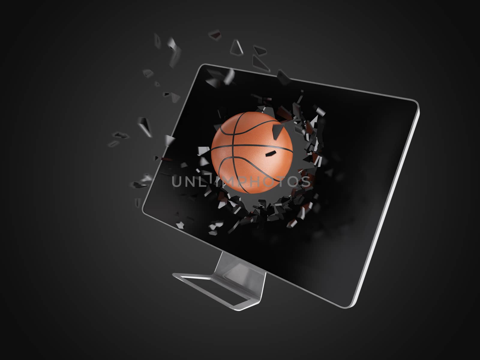 basketball destroy computer screen, technology background