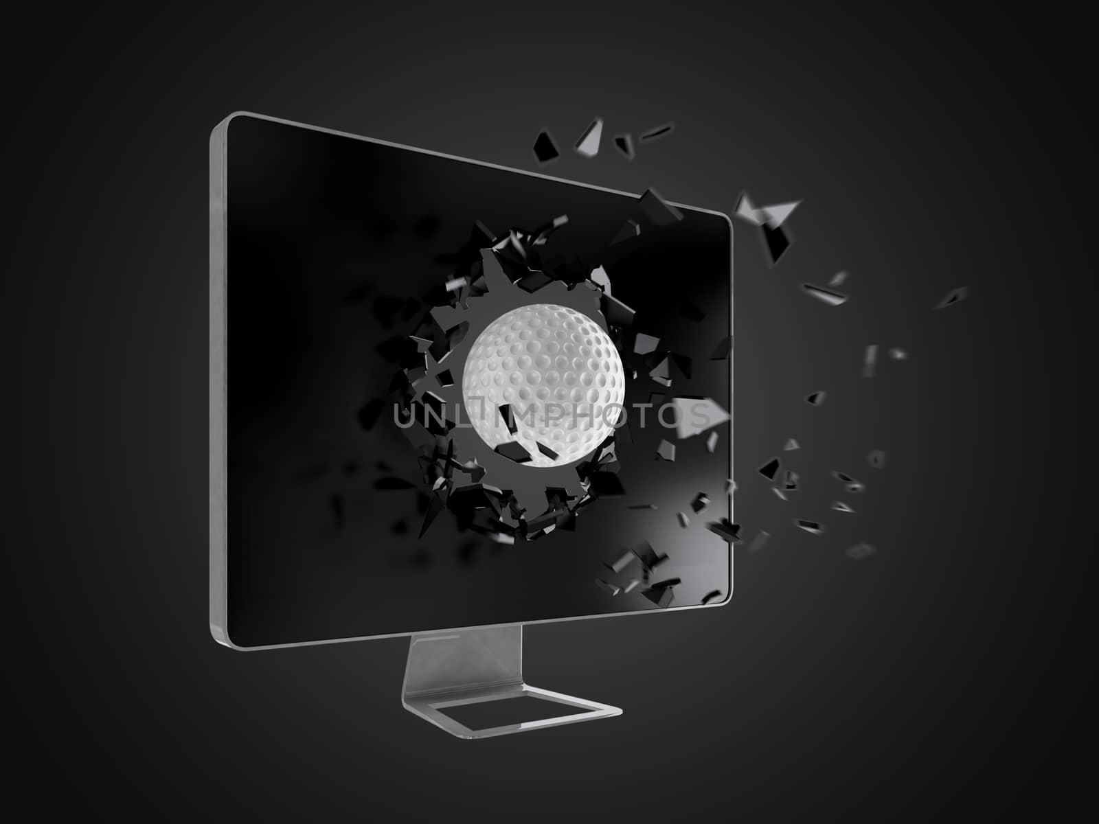 golf ball destroy computer screen, technology background