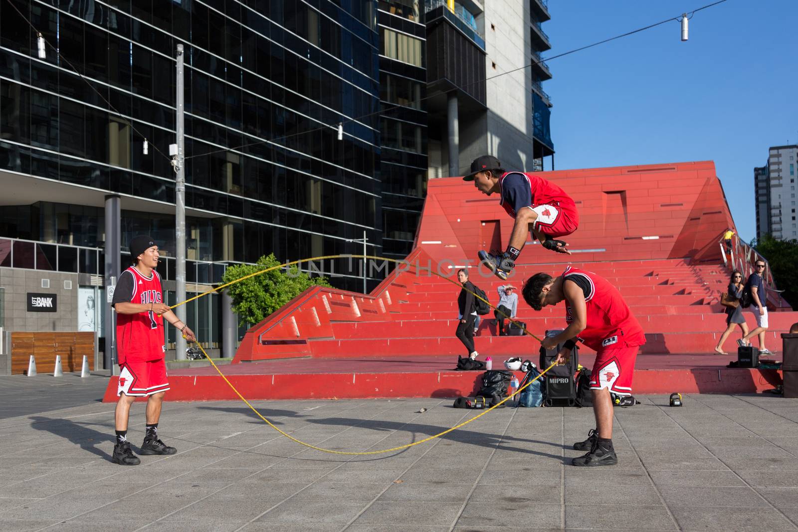 MELBOURNE/AUSTRALIA - JANUARY 22: Street performers entertaining crowds in Southbank during the 2016 Australian Open tennis tournament.