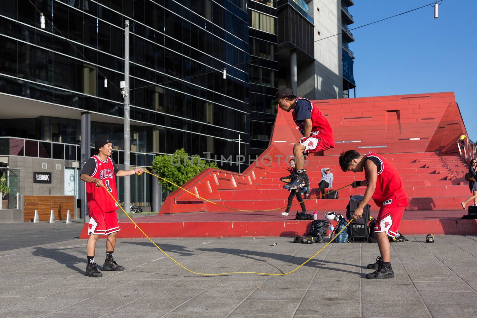 MELBOURNE/AUSTRALIA - JANUARY 22: Street performers entertaining crowds in Southbank during the 2016 Australian Open tennis tournament.