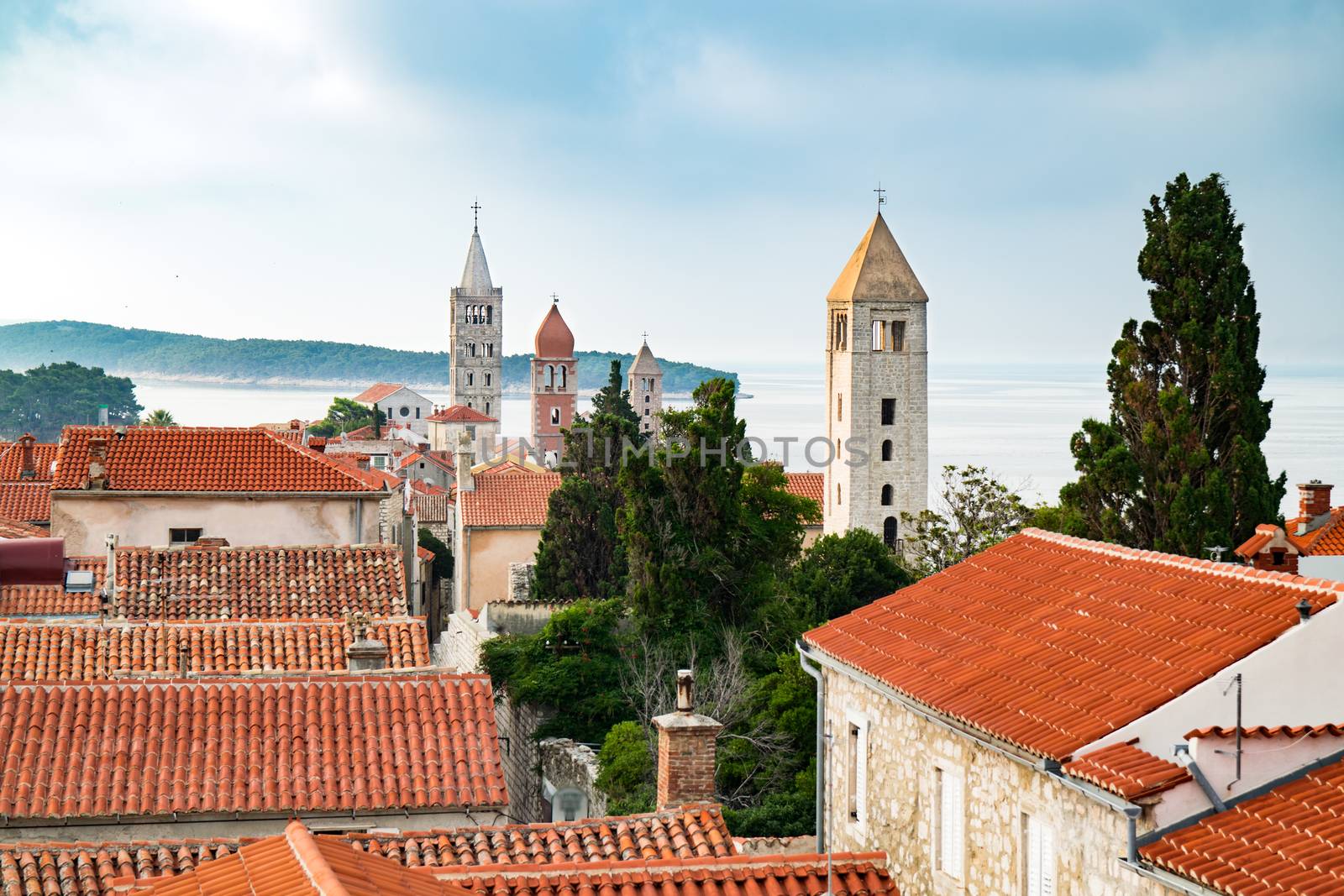 View of the town of Rab, Croatian tourist resort famous for its four bell towers.