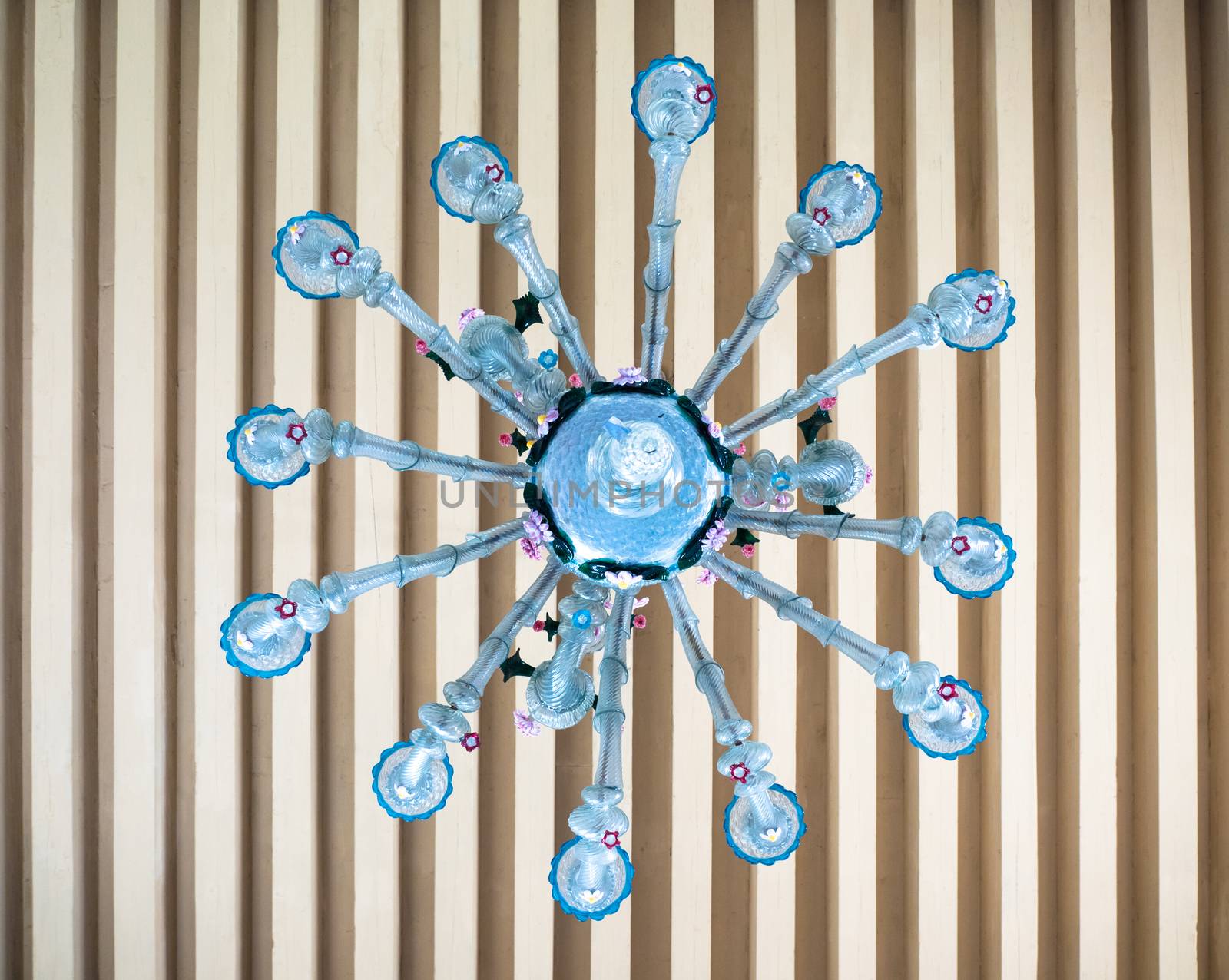 Antique chandelier of blown glass, handmade by master glassblowers of Burano, Italy.