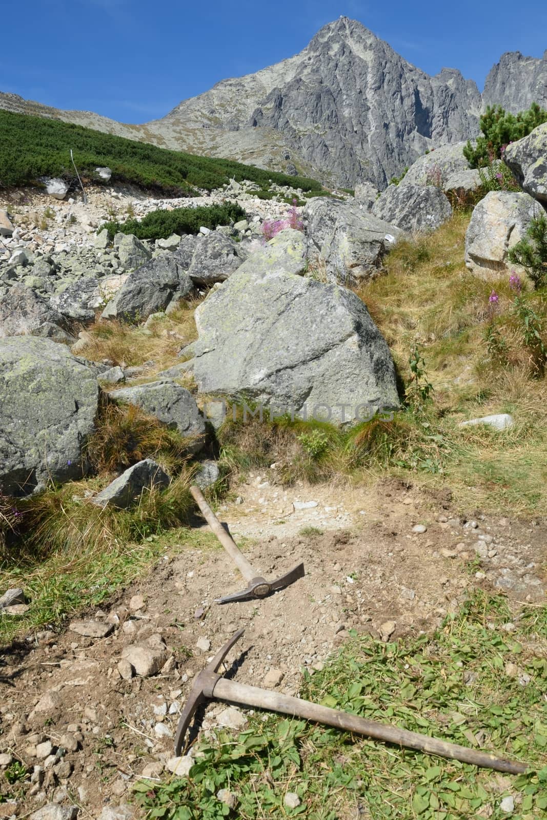 Old Pickaxes in rocky area in landscape aspect