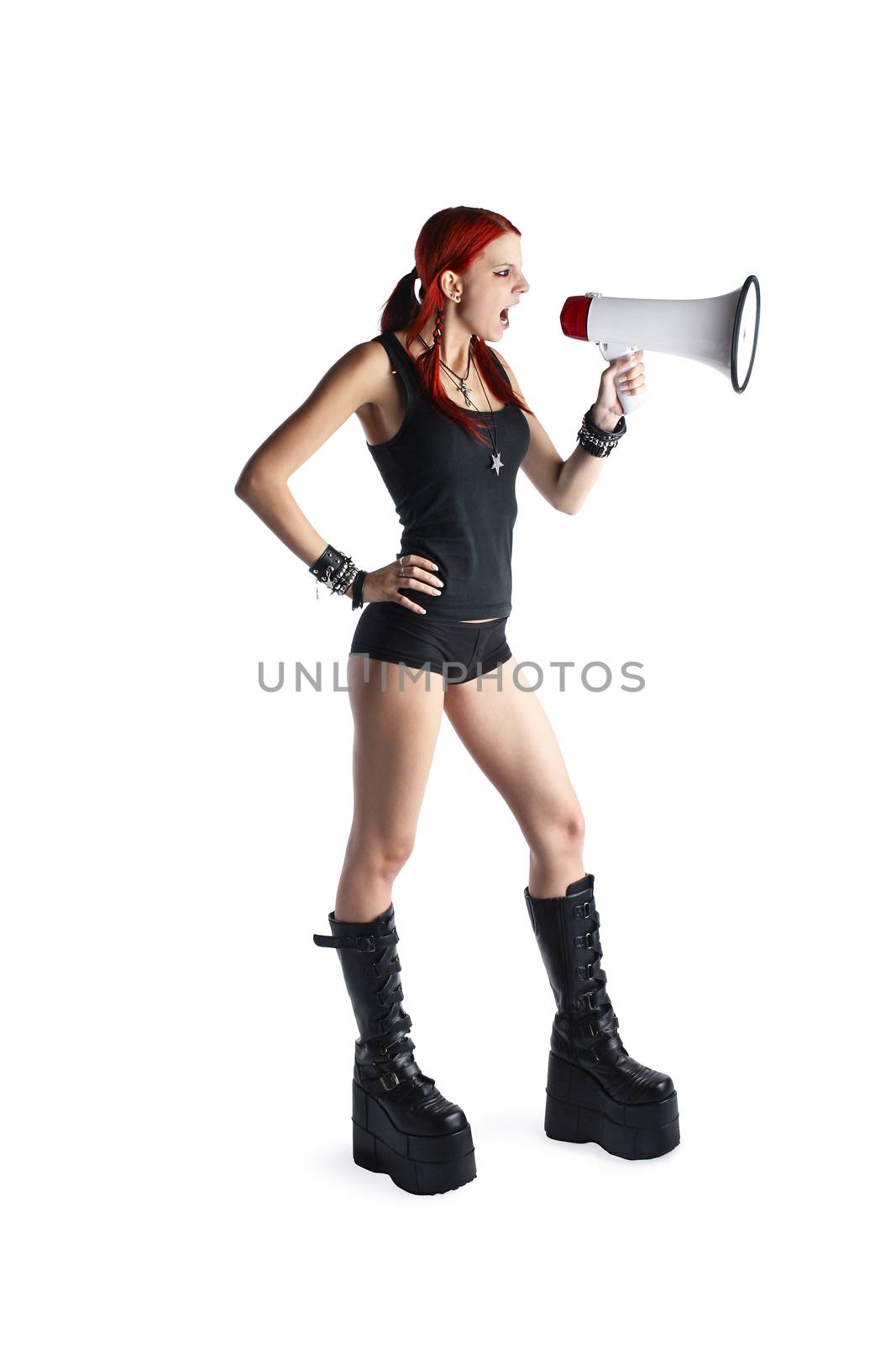 Beautiful Red Hair Girl With Megaphone Over White Background