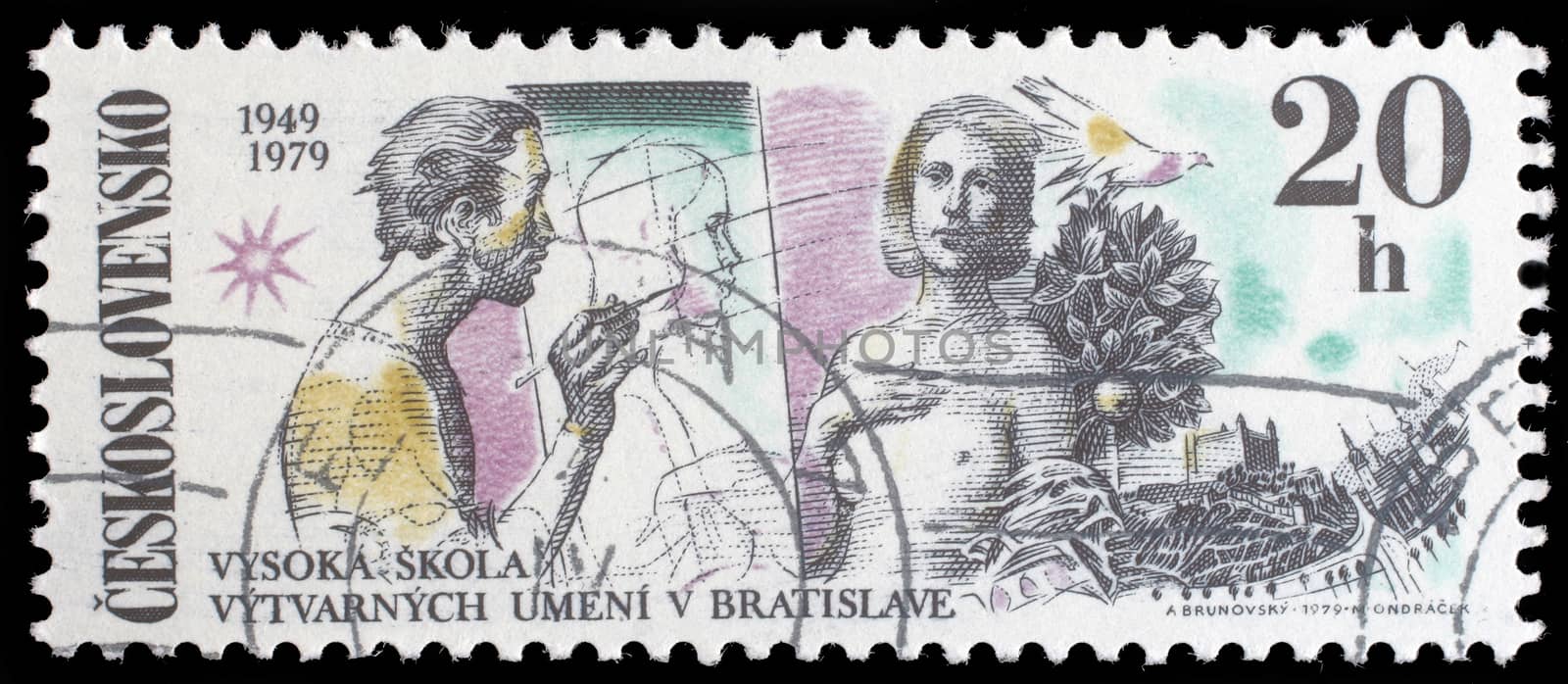 Stamp printed in the Czechoslovakia, dedicated to 30th anniversary of the Fine Arts Academy, Bratislava, shows the Artist and Model, Dove, Bratislava Castle by atlas