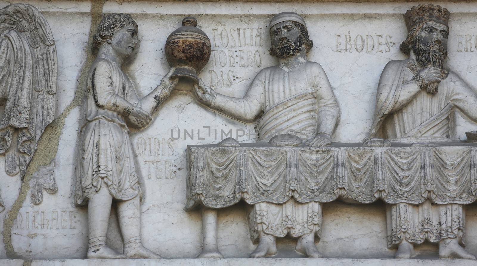 Detail of marble carvings on the Baptistery, Parma Emilia-Romagna Italy