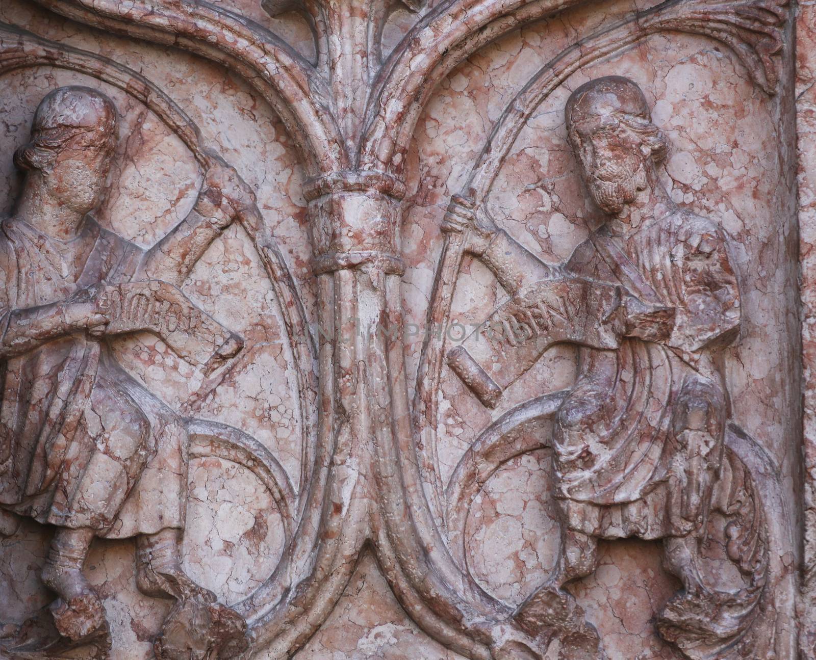 Detail of marble carvings on the Baptistery, Parma Emilia-Romagna Italy