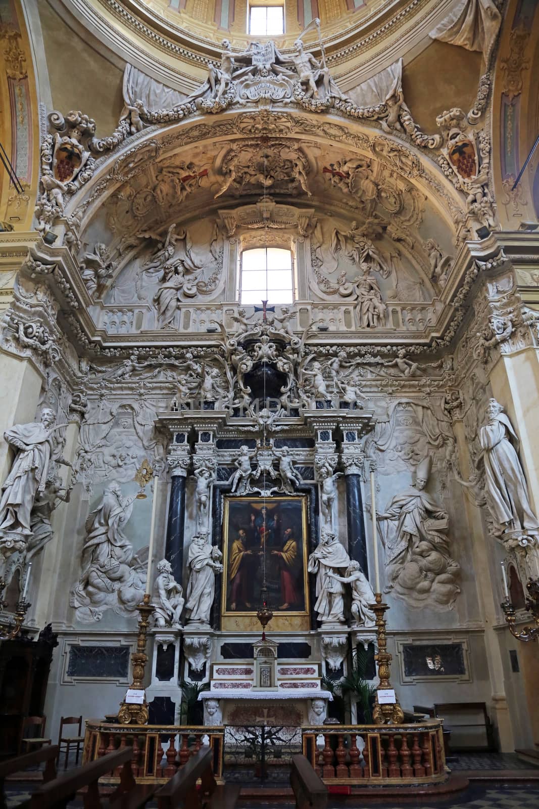 Virgin Mary with child Jesus and Saints, altar in the church of Saint Vitale. Parma. Emilia-Romagna. Italy