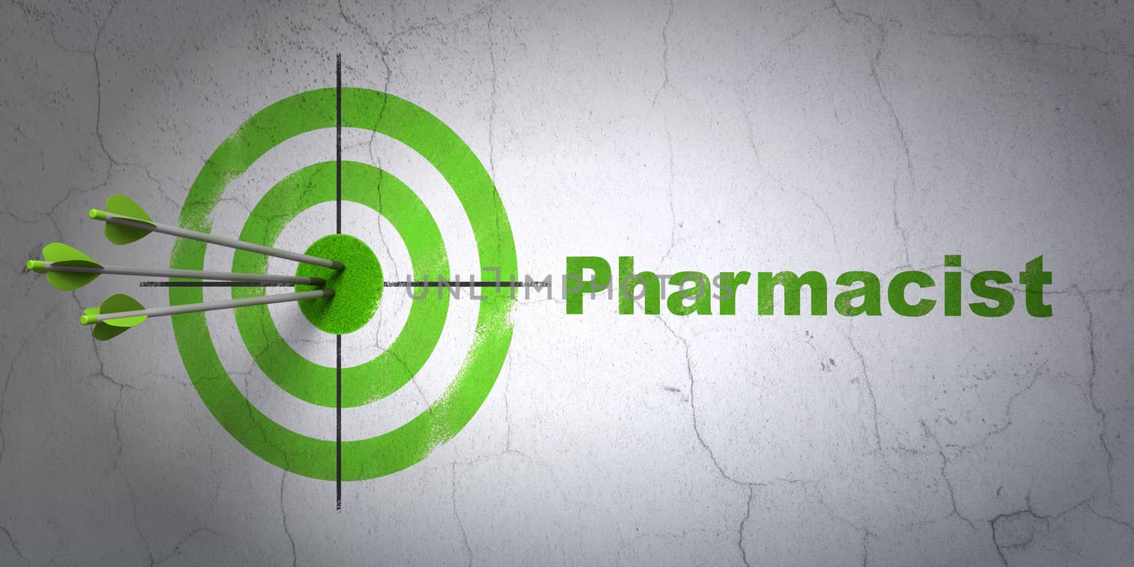 Success Medicine concept: arrows hitting the center of target, Green Pharmacist on wall background